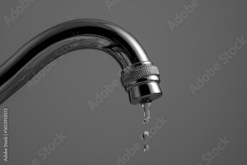 Close-up of a dripping chrome faucet. Water droplets fall from the spout