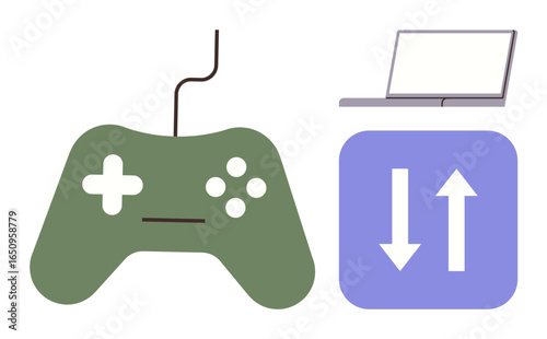 Green gaming controller, purple data transfer arrows, and open laptop showcasing gaming, tech innovation, and connectivity. Ideal for gaming, technology, data flow, computers digital design