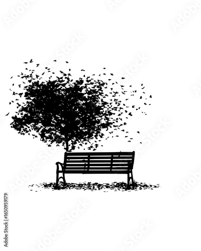 Vector art of a lone bench rests under a tree shedding its leaves in autumn,  creating a silhouette of nature, evoking solitude, reflection, and the ephemeral beauty of the changing seasons