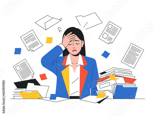 Overwhelmed at Desk: A stressed individual, surrounded by a chaotic desk filled with documents and falling papers, illustrates the pressure and strain of work.