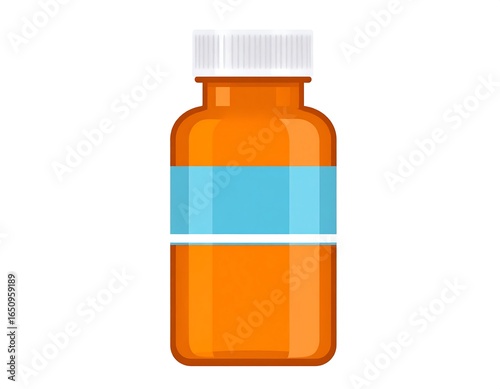 Minimalist illustration of an amber pill bottle with a blue label and white cap