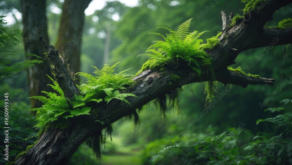 Fototapeta premium Lush green ferns growing on a fallen tree branch in a dense forest setting.