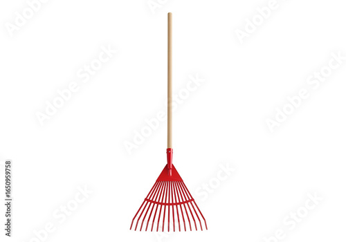 red garden rake with wooden handle isolated on black background
