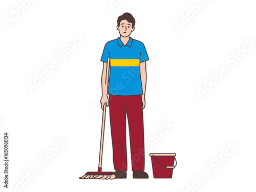Daily Routine with Mop and Bucket: A simple yet impactful illustration depicts a worker at rest, holding a mop alongside a bucket. Representing a daily chore in a refreshing and engaging manner.