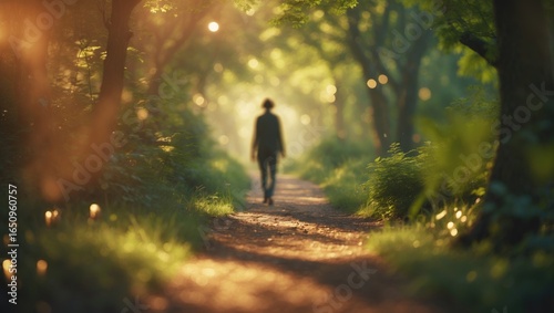 A person walking along a forest trail with trees and sunlight, creating a peaceful and natural scene.