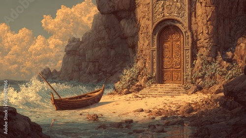 Seaside cliffside gate entrance on a sandy beach with boat, waves, and cloudy sky