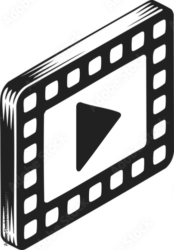 Film icon, video symbol, play button, media player button, cinema clip, entertainment graphic, vector illustration, black and white design, engraved style, vintage artwork