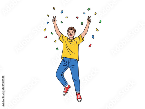 Joyful Victory: A young man celebrates a moment of triumph with confetti, a visual representation of elation and accomplishment, embodying youthful success and optimism.
