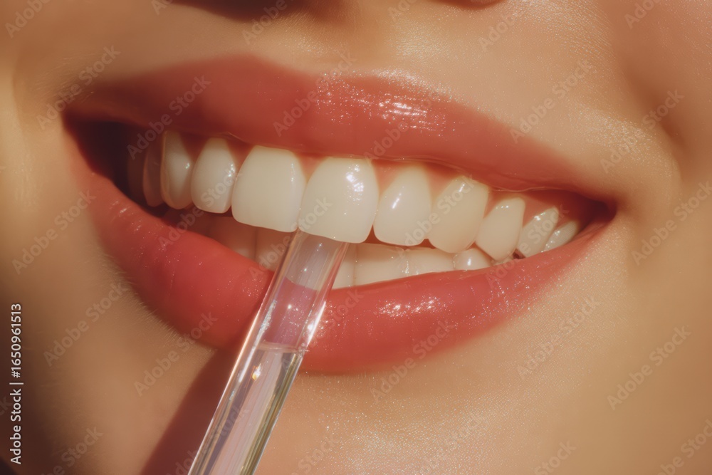 Naklejka premium Close-up of Smiling Woman with Clear Glossy Lips and Pipette