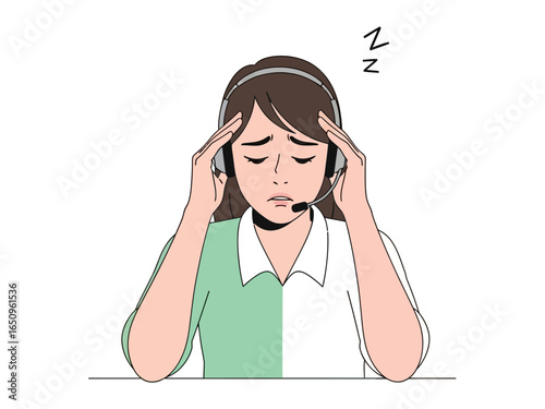 Tired Call Center: The image features a call center staff member looking exhausted as they sit at their desk, clutching their head in weariness. 