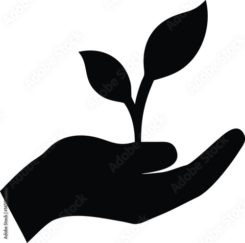 Hand holding plant silhouette icon, nature growth sustainability symbol, environmental care and recycling vector illustration