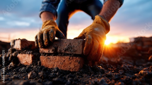 A diligent worker meticulously lays bricks in a construction setting, with a stunning sunset backdrop, symbolizing hard work and perseverance in building something great.