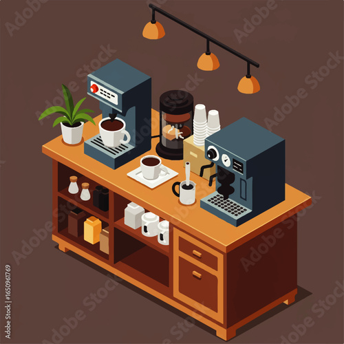 Isometric vector illustration of a modern coffee preparation station with espresso and drip machines for a cafe or office breakroom