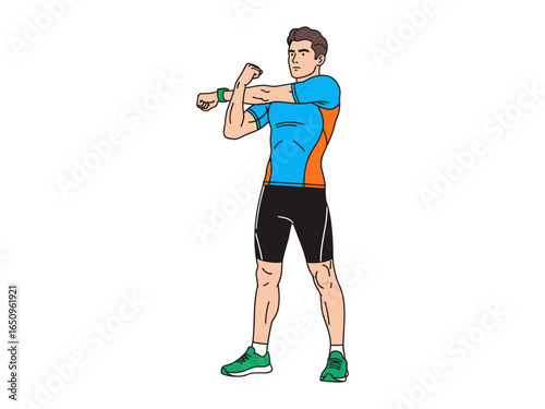 Stretching with Focus: A fit individual performs an arm stretch, embodying the dedication to wellness and physical fitness. capturing the essence of a health-conscious lifestyle.