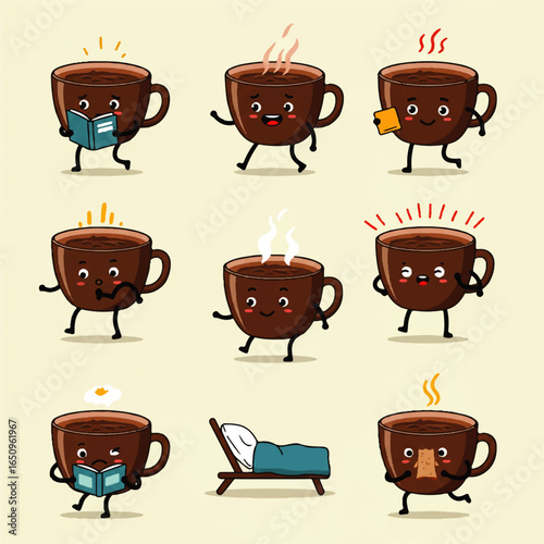 Cute Coffee Cup Characters Enjoying Various Activities Reading, Relaxing, and More