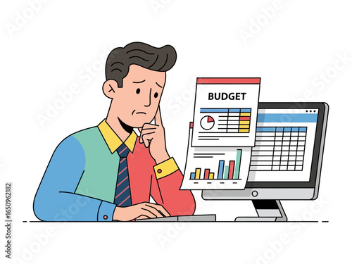 Budget Analyst's Dilemma: An illustration captures the stress and contemplation of a budget analyst as he grapples with complex financial data on his computer.
