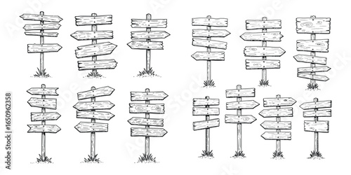 Hand drawn vintage wooden signpost vector set. Sketch style directional road signs, arrows and boards isolated on white background. Rustic wayfinding, travel and navigation elements collection.