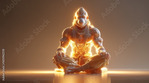 Meditating Hanuman Statue Surrounded by Illuminated Lights on Happy Hanuman Jayanti Celebration.