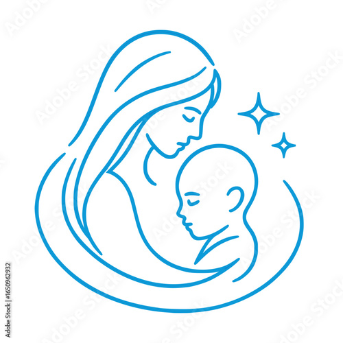 Minimalist line art design of a mother tenderly embracing her child, conveying love and affection. Perfect for perinatal care brands or family centered graphics.