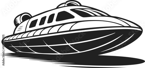 Hovercraft, air-cushion vehicle, amphibious transport, marine craft, vector illustration in vintage engraved style