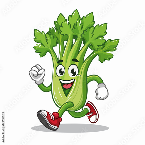 Energetic and cheerful cartoon celery stick character happily running, embodying a healthy and active lifestyle with a bright smile, perfect for promoting nutrition or fitness.