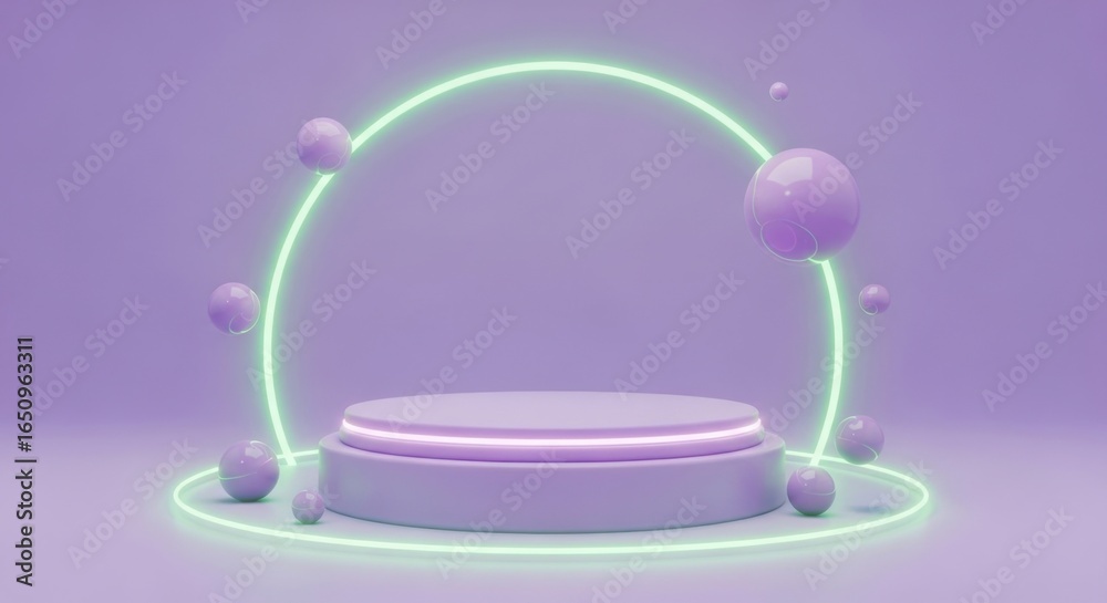 Futuristic Neon Circular Platform with Floating Spheres in Soft Purple and Green Lights Futuristic Neon Circular Platform with Floating Spheres in Soft Purple and Green Lights