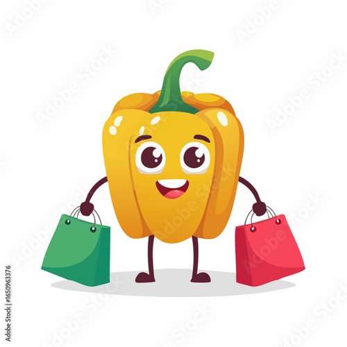 A cheerful and vibrant yellow bell pepper cartoon character joyfully holds colorful shopping bags, symbolizing a fun and healthy consumer experience in a playful illustration.