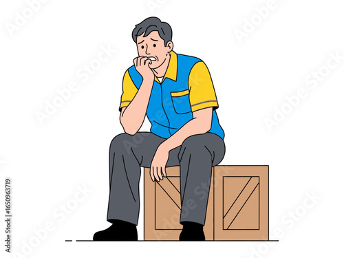 Anxious Thoughts: A worker sits on a crate, exhibiting signs of anxiety, highlighting the impact of stress and emotional well-being in the workplace.