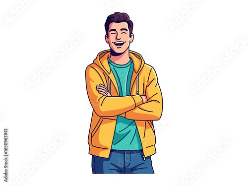Joyful Individual's Pose: A smiling person, arms crossed, radiating confidence, and embodying modern casual elegance in a vibrant and digitally enhanced illustration. 