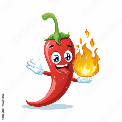 Smiling red hot chili pepper cartoon mascot holding a fire flame. A fun vector character illustration of a spicy vegetable.