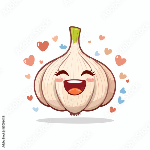 Cheerful and heartwarming cartoon garlic character with a wide, happy smile, surrounded by an array of floating hearts, perfect for healthy food concepts and playful culinary designs.