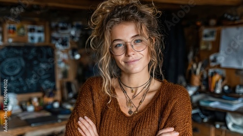 Wallpaper Mural Smiling Woman with Arms Crossed Standing at Her Workplace in Home Office Torontodigital.ca
