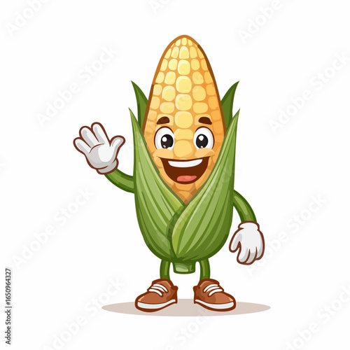 Happy cartoon corn on the cob mascot character waving hand with a friendly smile. Vector illustration isolated on white background.
