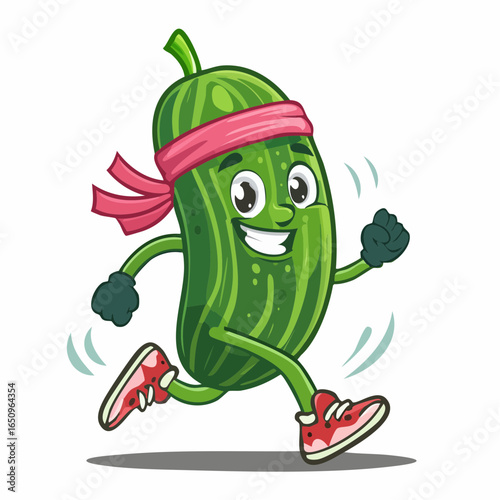 Illustration of a happy pickle character wearing a headband and running shoes, promoting a healthy lifestyle and fitness