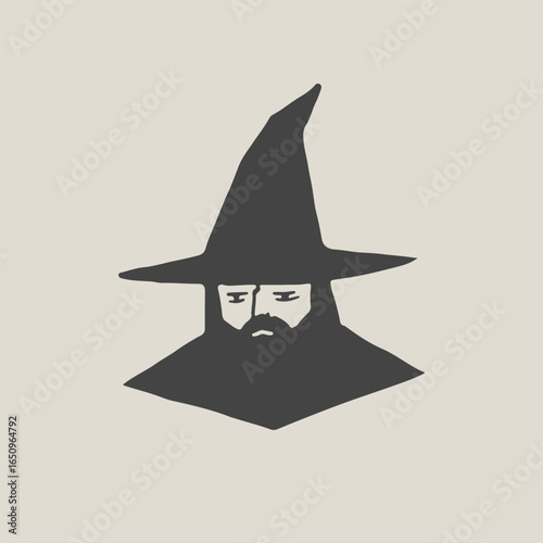 Minimalist wizard logo design featuring a bearded sorcerer with a tall pointed hat in dark silhouette style, ideal for branding, icons, badges, and fantasy-themed logos.