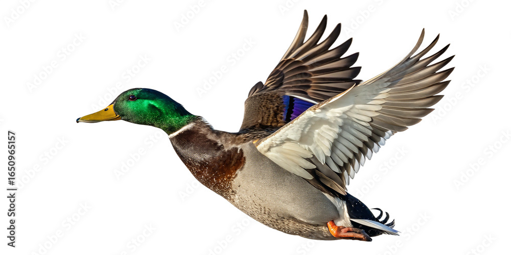 Obraz premium A male mallard duck in white background png, captured with striking clarity and natural detail. The bird showcasing its iconic emerald-green head that gleams under sunlight, contrasting beautifully.
