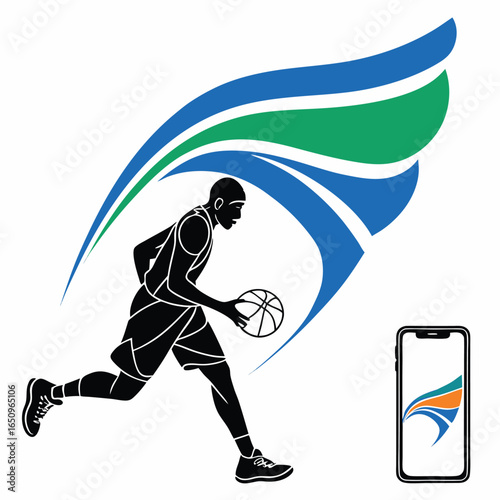 Basketball Player Dribbling with Abstract Wings and App Icon
