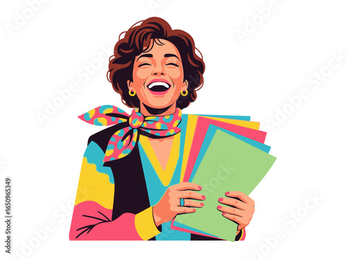 Joyful Woman Holding Papers: A vibrant illustration showcases a cheerful woman, radiating happiness, clutching colorful documents.
