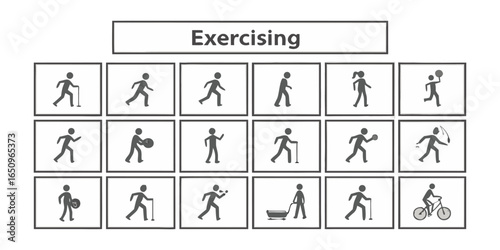 Exercising Line Icons. Editable Stroke. Contains such icons as Running, Cycling, Yoga, Weightlifting, Stretching, Soccer, Football, Tennis, Basketball, Fighting, Aerobics, Exercising Icons set.