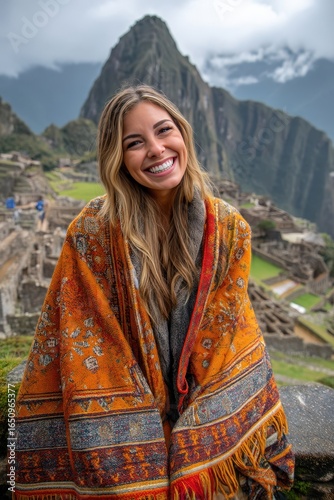 Happy Woman in Traditional Peruvian Clothing at Machu Picchu in Peru Photo.Fictional Character Created By Generative AI