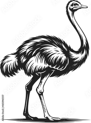 Ostrich, large flightless bird with long neck and legs, classic engraving style illustration for vintage decor and wildlife art