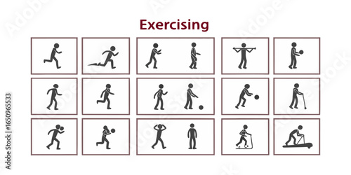 Exercising Line Icons. Editable Stroke. Contains such icons as Running, Cycling, Yoga, Weightlifting, Stretching, Soccer, Football, Tennis, Basketball, Fighting, Aerobics, Exercising Icons set.