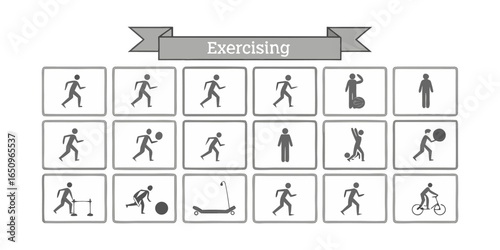 Exercising Line Icons. Editable Stroke. Contains such icons as Running, Cycling, Yoga, Weightlifting, Stretching, Soccer, Football, Tennis, Basketball, Fighting, Aerobics, Exercising Icons set.