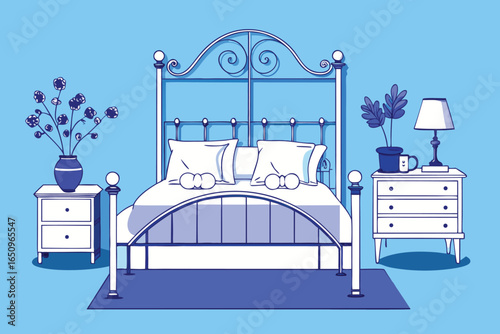 Cozy bedroom scene with a vintage metal bed interior