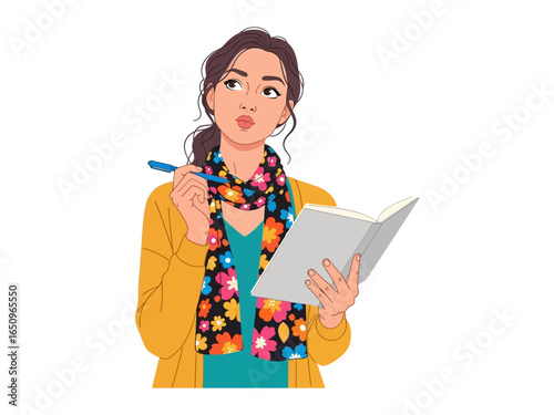 Woman with Book and Pen in Thoughtful Pose: A focused woman, holding a pen and a notebook, her expression hinting at contemplation. She wears a floral scarf and a yellow coat