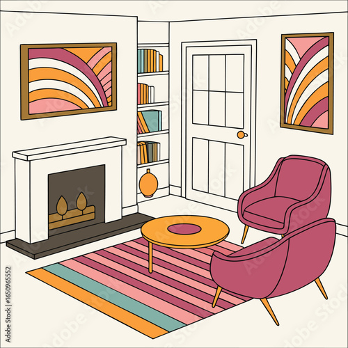 Cozy living room with fireplace and mid-century modern furniture