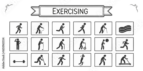 Exercising Line Icons. Editable Stroke. Contains such icons as Running, Cycling, Yoga, Weightlifting, Stretching, Soccer, Football, Tennis, Basketball, Fighting, Aerobics, Exercising Icons set.