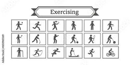 Exercising Line Icons. Editable Stroke. Contains such icons as Running, Cycling, Yoga, Weightlifting, Stretching, Soccer, Football, Tennis, Basketball, Fighting, Aerobics, Exercising Icons set.