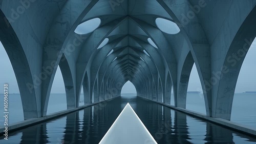 Symmetrical Concrete Architecture with Arches Reflecting in Water with Geometric Pattern Design in Minimalist Style and Gray Tone