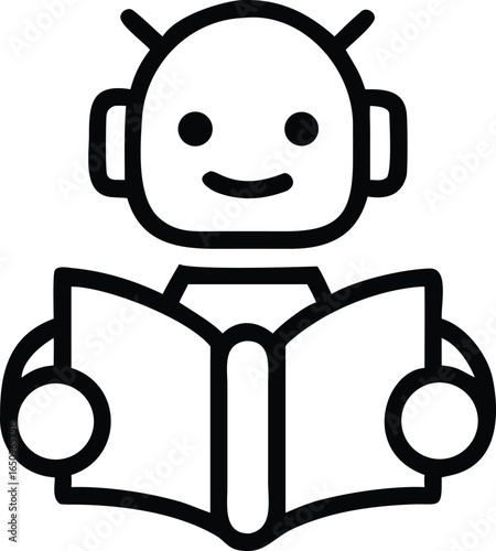 Minimal Line Icon of AI Robot Holding Book Modern Vector Symbol for Artificial Intelligence Learning and Education Design